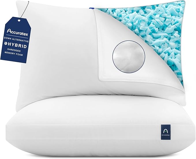 ACCURATEX Hybrid Pillow for Sleeping, Adjustable Shredded Memory Foam Pillow Core with Fluffy Down Alternative Fill Removable Cotton Cover,for Side,Back,Stomach Sleepers,King Size, 1 Pack
