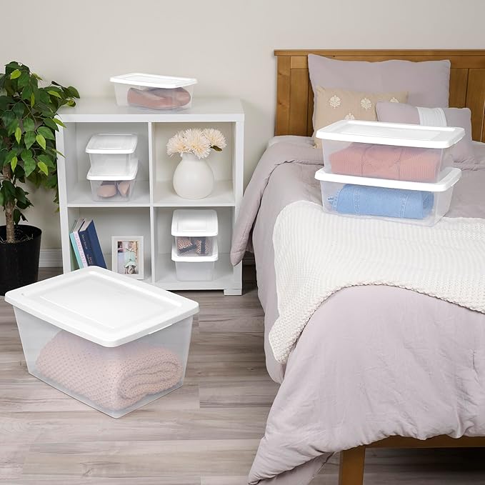 Sterilite 24 Pack Storage Box, 12 Quart Stackable Tote, Clear Plastic Container with Secure Snapping Lids for Home and Office Organization, White