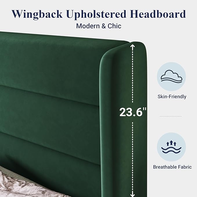 Allewie Queen Size Platform Bed Frame with Velvet Upholstered Wingback Headboard, No Box Spring Needed, Under Bed Storage Space, Strong Wooden Slats, Modern Mattress Foundation, Easy Assembly, Green