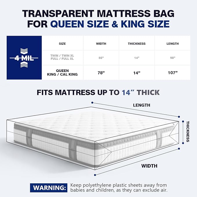 2 Pack Mattress Bags for Moving & Storage - 107" x 78" x 14'' for King/Queen Size, Waterproof & Tear-Resistant, 4 MIL Heavy Duty Mattress Cover Moving Supplies