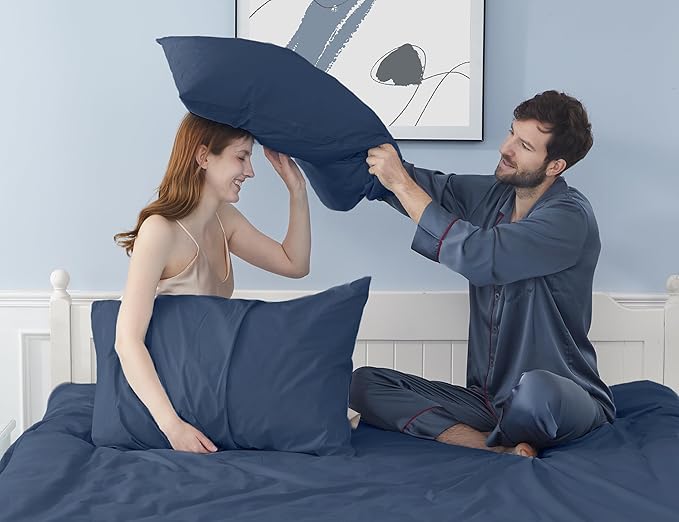 Pillow Cases, King Size Cotton Percale Weave Pillowcases, Pre-Shrunk Breathable and Hypoallergenic Pillowcases, Set of 2 (2 Piece King 20 Inch x 40 Inch, Crown Blue)