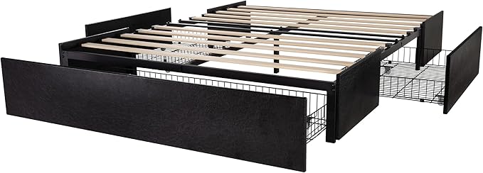 Allewie Full Size Platform Bed Frame with 3 Storage Drawers, Faux Leather Upholstered, Wooden Slats Support, No Box Spring Needed, Easy Assembly, Black