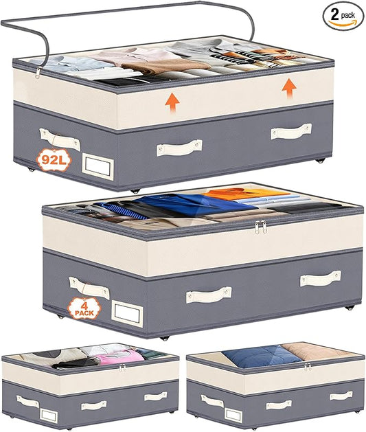 Dolicer 4 Pack Under Bed Storage with Wheels, 6in-10in Height Adjustable Underbed Storage Containers, 92L XXXL Under Bed Drawers Rolling Bin with Clear Lids for Dorm Shoes Clothes Organizer(Dark Grey)