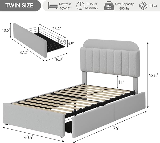 Garvee Twin Size Bed Frame with 2 Flexible Drawers, Boucle Upholstered Platform Bed Frame with Bookcase Headboard, Bedframe for Kids/Girls/Boys, Easy Assembly, No Box Spring Needed, Noise Free, Grey