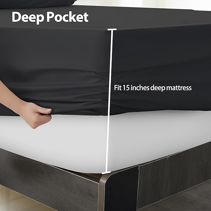 2-Pack Pure Cotton Fitted Sheet King Size, 600 Thread Count 16" Deep Pocket Egyptian Cotton Fitted Sheet (2pcs, King, Black)