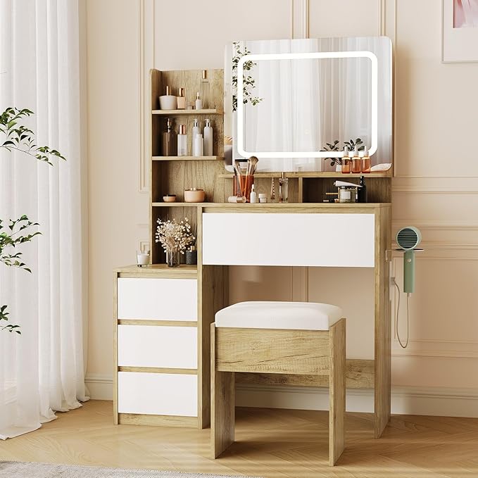 Vanity Desk with Mirror and Lights - 36" Vanity Table Set with 4 Drawers, Power Outlet, USB Ports, Stool, Dressing Table with 3 Lighting Color Adjustable for Bedroom, Women,