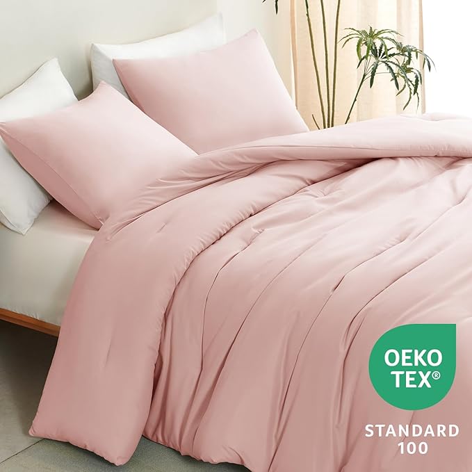 CozyLux Oversized King Comforter Set Blush Pink, 3 Pieces 120x98 Solid Breathable Quilted Bedding Sets All Seasons, Luxury Soft Lightweight Bed Set with Down Alternative Comforter and 2 Pillowcases