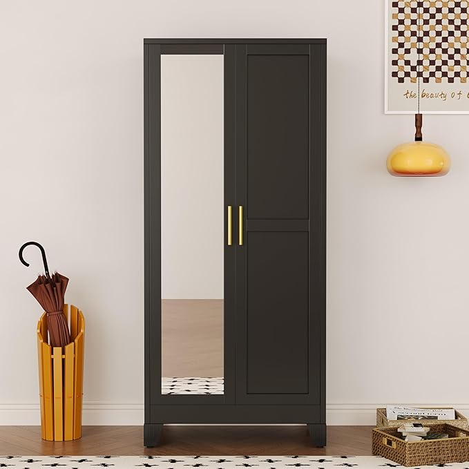 71" Metal Armoire Wardrobe Closet, Steel Clothing Storage Cabinet with Mirror and Adjustable Shelves, Household Steel Wardrobes Storage Cabinet with Adjustable Standing Feet and Hanging Rod（Black）