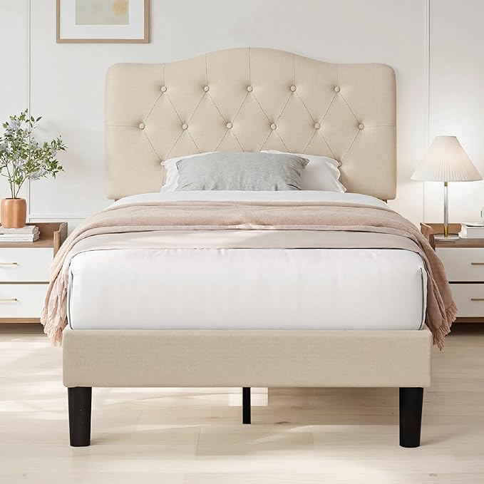 VECELO Twin Size Bed Frame Upholstered Platform with Tufted Adjustable Headboard/Mattress Foundation with Wood Slat Support, Easy Assembly,Beige