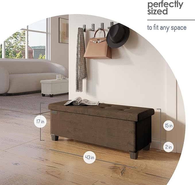 Storage Ottoman Bench with Bins, 43-in Storage Bench for Bedroom End of Bed, Folding Foot Rest Ottoman for Living Room Max 660lbs, Velvet Ottomans, Brown