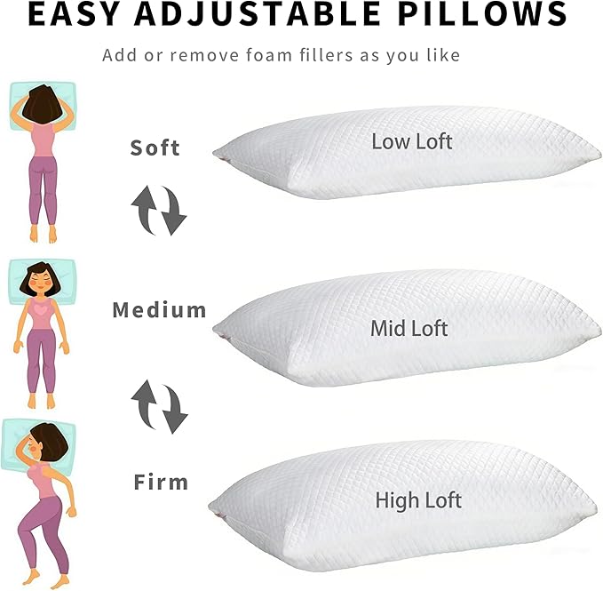 Cooling Pillow for Sleeping Twin Size Set of 2, Shredded Memory Foam Pillows Adjustable Firm Bed Pillow with Zipper, Cool Pillow for Hot, Side, Back and Stomach Sleepers