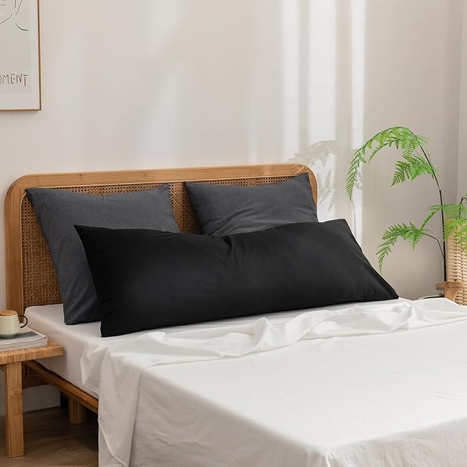BESTOUCH 100% Washed Cotton Pillowcase for Hair and Skin Linen Feel Soft Comfortable Breathable 2 Set Pillow Case with Envelope Closure Solid Dark Black Euro 26x26 Inches