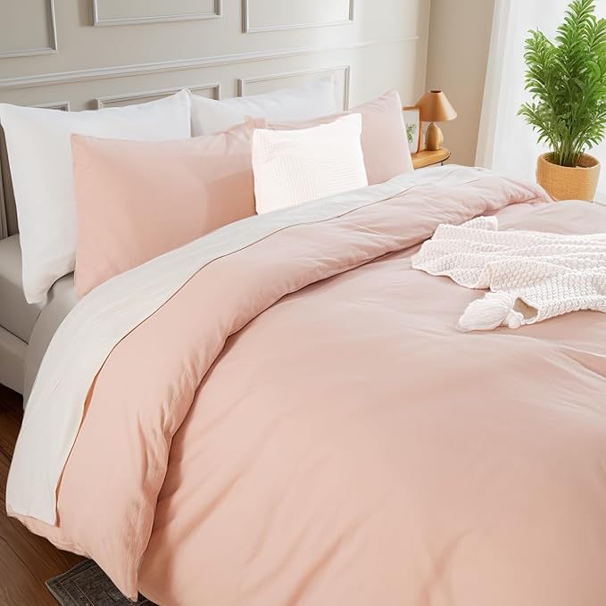 NEXHOME PRO Duvet Cover Set Oversized Queen 98"x98" Linen Look Textured Organic Natural 100% Washed Cotton Duvet Cover 3 Pieces Bedding Set Zipper Closure, Breathable, Dusty Pink (No Comforter)
