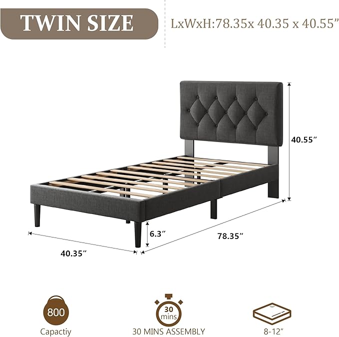 CXVX Twin Size Platform Bed Frame with Upholstered Headboard, Button Tufted Design, Strong Wooden Slats, No Box Spring Needed, Easy Assembly, Noise Free
