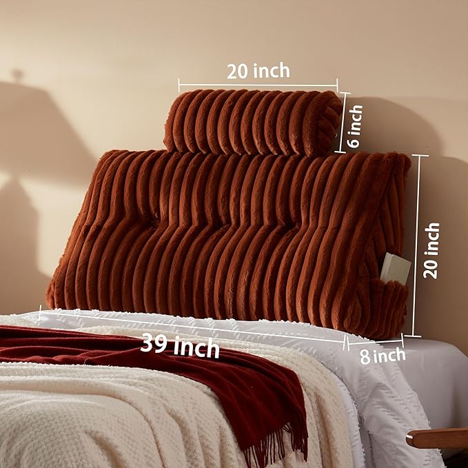 Rycwola Faux Fur Headboard Pillow with 1 Pack Neck Roll Pillow Large Headboard Pillow Soft and Supportive with Removable Cover (Brown, Twin)