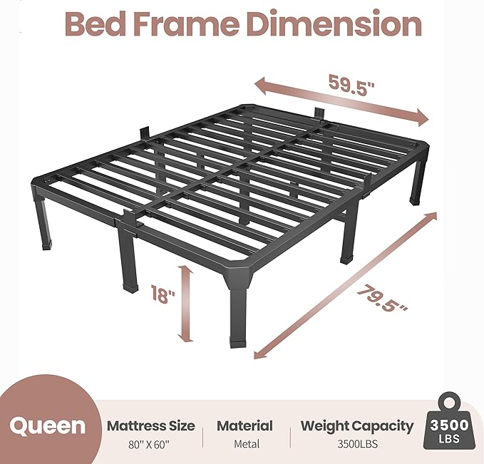 ROIL 18 Inch Queen Size Bed Frame with Mattress Slide Stopper - Double Black Basic Anti Squeak Steel Slats Metal Platform, Heavy Duty Noise Free Easy Assembly Bedframes, No Box Spring Needed