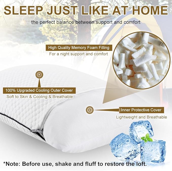 Ivellow Travel Pillow Camping Pillow for Sleeping Small Cooling Shredded Memory Foam Pillow Compressible Compact Medium Firm,Breathable Soft Cover,Outdoor Car Backpacking Hiking Essential Gear White M