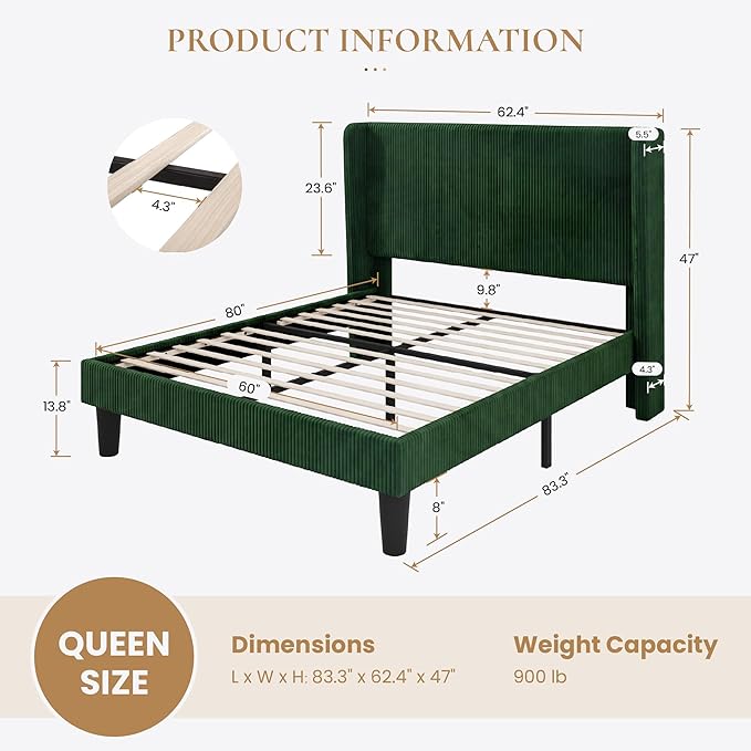 SHA CERLIN Queen Size Corduroy Upholstered Platform Bed Frame with Vertical Channel Tufted Wingback Headboard, 8" Under Bed Storage, Wooden Slats & Metal Frame Support, Easy Assembly, Dark Green