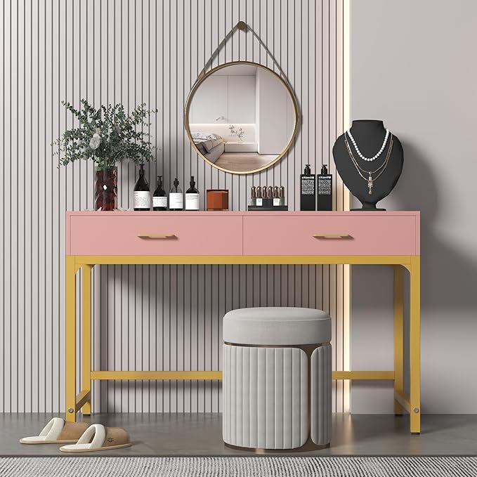 WESTREE Women Makeup Vanity Desk with 2 Drawers - Bedroom Home Office Desk, Wooden Height Monitor Stand & Storage Shelf Without Mirror, Pink Table Great Gift for Her