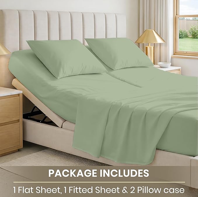 SGI bedding 32" King Split Top Flex Head Sheet 100% Egyptian Cotton Sheet Set 1000 Thread Count Flex Top Sheet for Adjustable Bed 4Pc Sheet Set 15" Deep Pocket for Sleep Number Bed - Moss