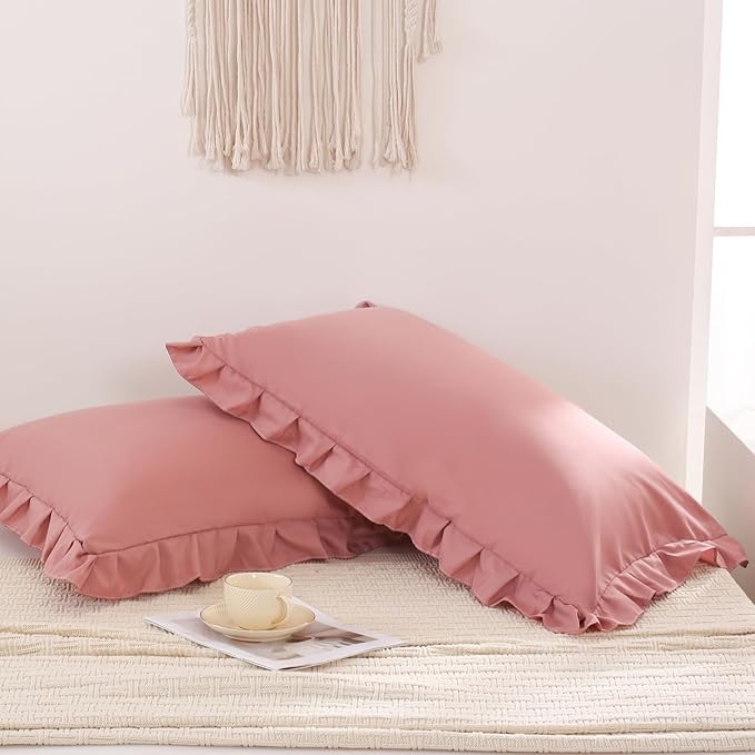 Pink Mocha Pillow Shams Cute Ruffle Queen Pillowcases Solid Pillow Cover Set of 2 Shabby Chic Soft Pink Pillowcases 2 Pack (Queen (20''x30''), Pink Mochae)