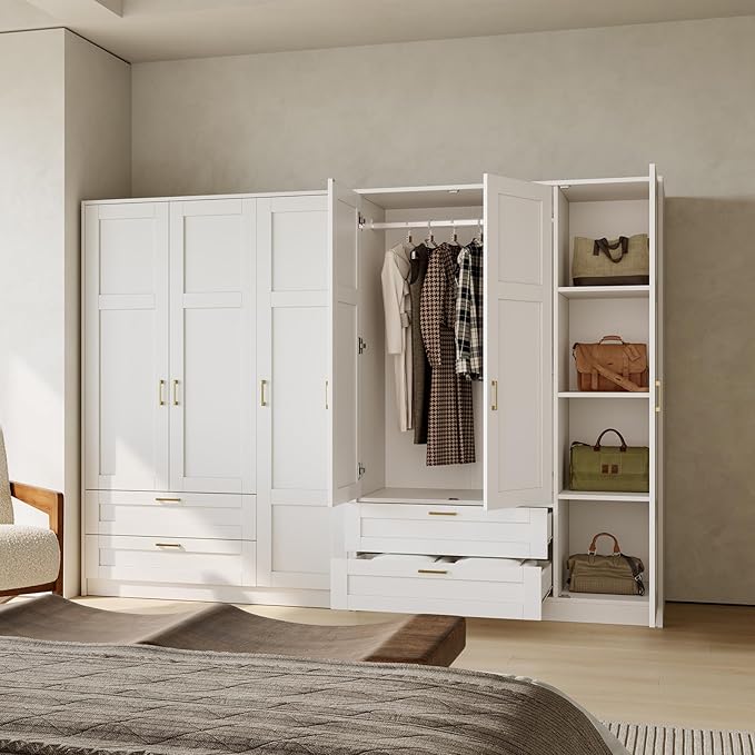 66" 3 Doors Wooden Wardrobe Closet Armoire with 2 Drawers & 3 Shelves, Wooden Wardrobe Closet with Hanging Rod, Bedroom Large Capacity Freestanding Armoire for Bedroom,Cloak Room,Entrance Hall, White