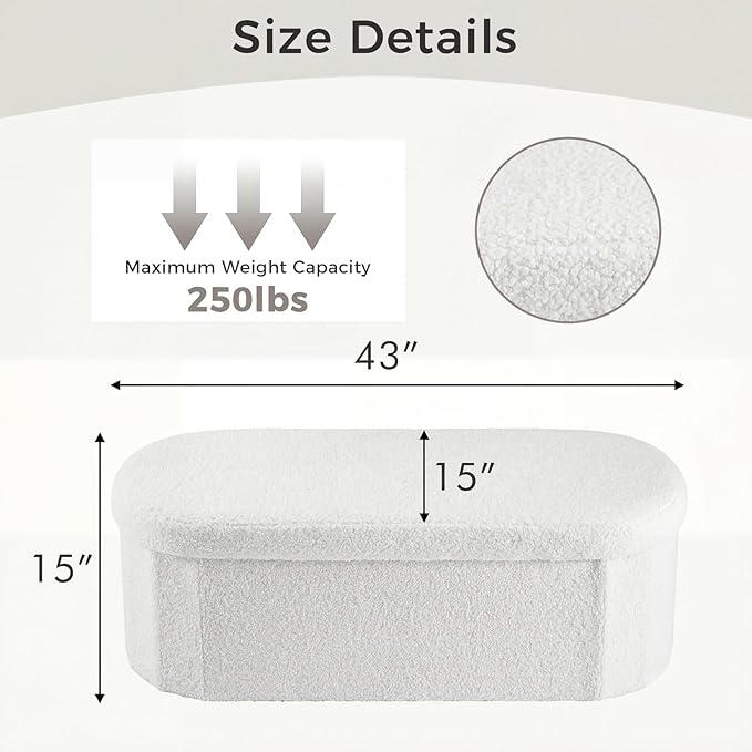 DUMOS Folding Storage Ottoman Bench, Oval Round Ottoman End of Bed Foot Rest Bench Stool with Cushion, Storage Chest for Bedroom, Living Room, Entryway, Dorm, Teddy Fabric, White
