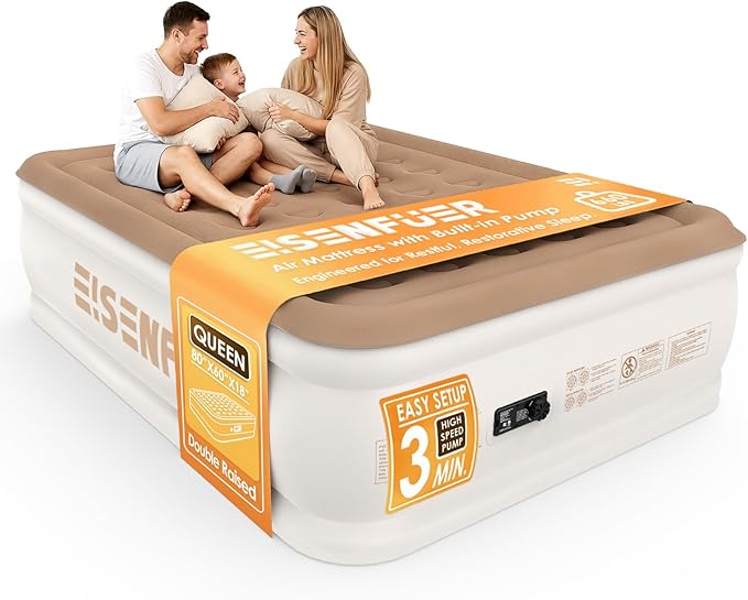 Air Mattress Queen with Built-in Pump – 18" Raised Inflatable Bed with High Speed Built-in Pump, Stable and Durable, colchón inflable, Carry Bag, Cozy Guest Air Bed for Sleepovers, Glamping, Moving