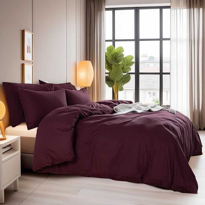 NEXHOME PRO Duvet Cover Set King Size Linen Look Textured Organic Natural 100% Washed Cotton Duvet Cover Burgundy Dark Red 3 Pieces Bedding Set with Zipper, Breathable (No Comforter)