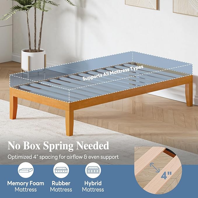 DUMOS 14 Inches Twin Size Wood Platform Bed Frame, Solid Wooden Mattress Foundation with Heavy Duty Wood Slat Support, Sturdy, No Box Spring Needed, Natural Pine