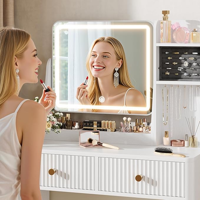 Memobarco Fluted Vanity Desk with Mirror and Lights, Small Makeup Vanity with 2 Drawers and Jewelry Storage Cabinet, 3 Lighting Modes Adjustable Brightness, Dressing Table for Bedroom - White