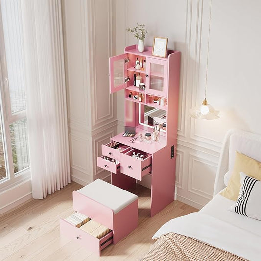3-in-1 Make Up Vanity Desk with Mirror & Lights, Compact Vanity Table with Drawers, Storage Compartment and Rolling Stool, Modern Small Makeup Vanity and Storage Chair for Bedroom, Powder Room