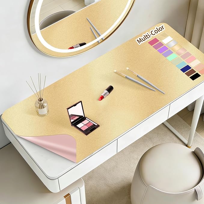 Makeup Mat for Vanity to Protect Desk Top 43.3 x 15.7 in, Dual-Sided Makeup Mat, Easy to Clean Desk Pad - Waterproof and Oilproof Vanity Accessories (White and Khaki)