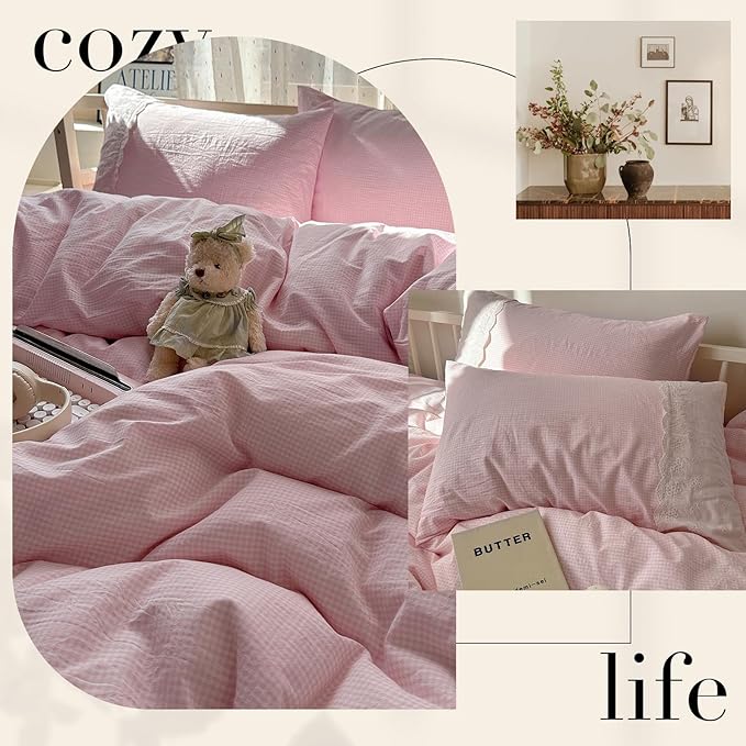 mixinni Pink White Gingham Duvet Cover Twin XL Size - 3 Piece Cottagecore Plaid Bedding Set with Lace Trim, Soft Washed Microfiber Vintage Aesthetic Grid Comforter Cover & Pillow Shams
