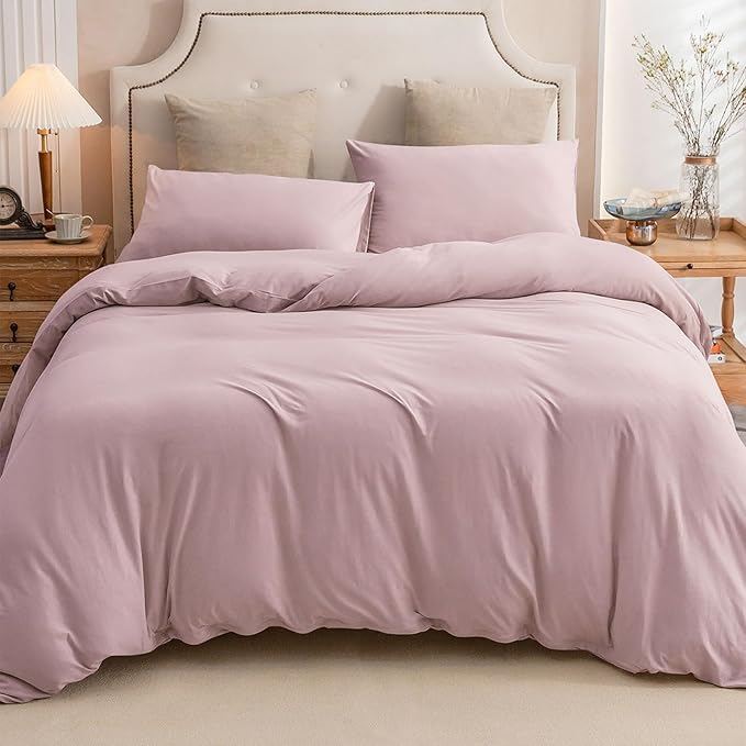PURE ERA Jersey Knit Duvet Cover Set 100% T-Shirt Cotton Super Soft Comfy 3pc Bedding Set with Zipper Closure (Solid Light Pink, Queen, 90"X90")