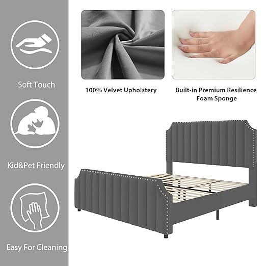 GarveeHome Queen Size Platform Bed Frame with 50.2 in Headboard, Velvet Upholstered Bed Frame with Vertical Channel Tufted Headboard & Footboard, Nailhead Trim, No Box Spring Needed, Grey