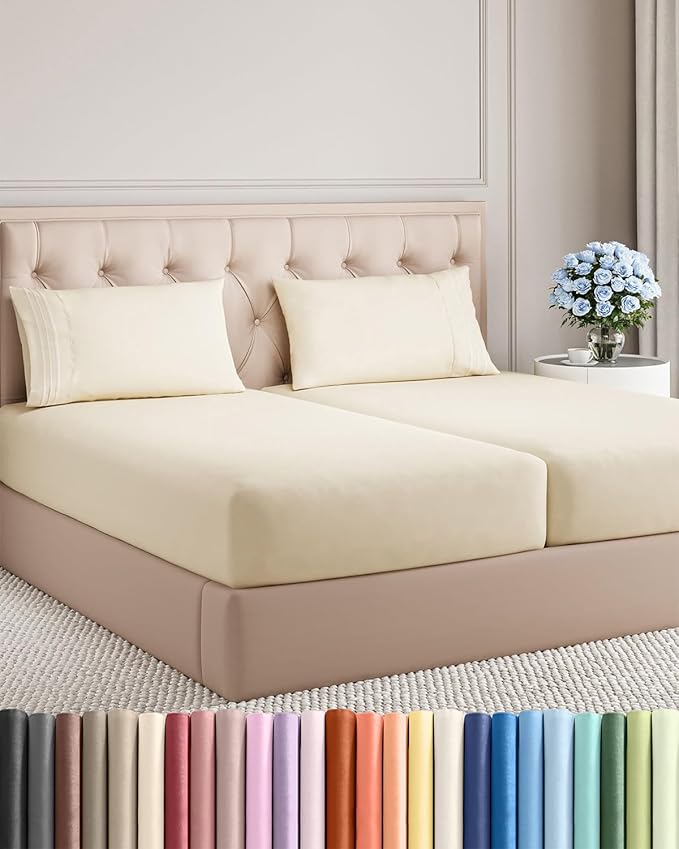 Split King Size 5 Piece Sheet Set - Comfy Breathable & Cooling Sheets - Hotel Luxury Bed Sheets for Women & Men - Deep Pockets, Easy-Fit, Soft & Wrinkle Free Sheets - Off White Oeko-Tex Bed Sheet Set