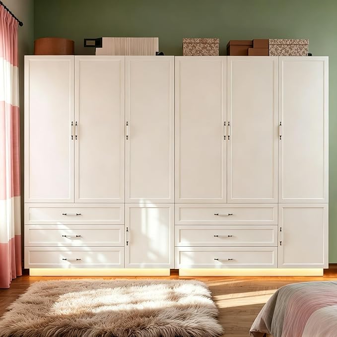 AXCITOC 72" Armoire Wardrobe Closet with 3 Door Wooden Bedroom Armoire with LED Light 3 Drawers Large Modern White Wardrobe Cabinet with Retro Ceramic Door Handles and Removable Hanging Rod