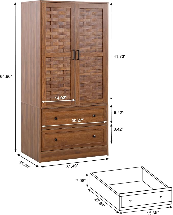 LEVNARY Armoire Wardrobe Closet with 2 Woven Doors, Wardrobe Cabinet with Storage Drawers and Hanging Rail, Freestanding Closets for Bedroom (Walnut)