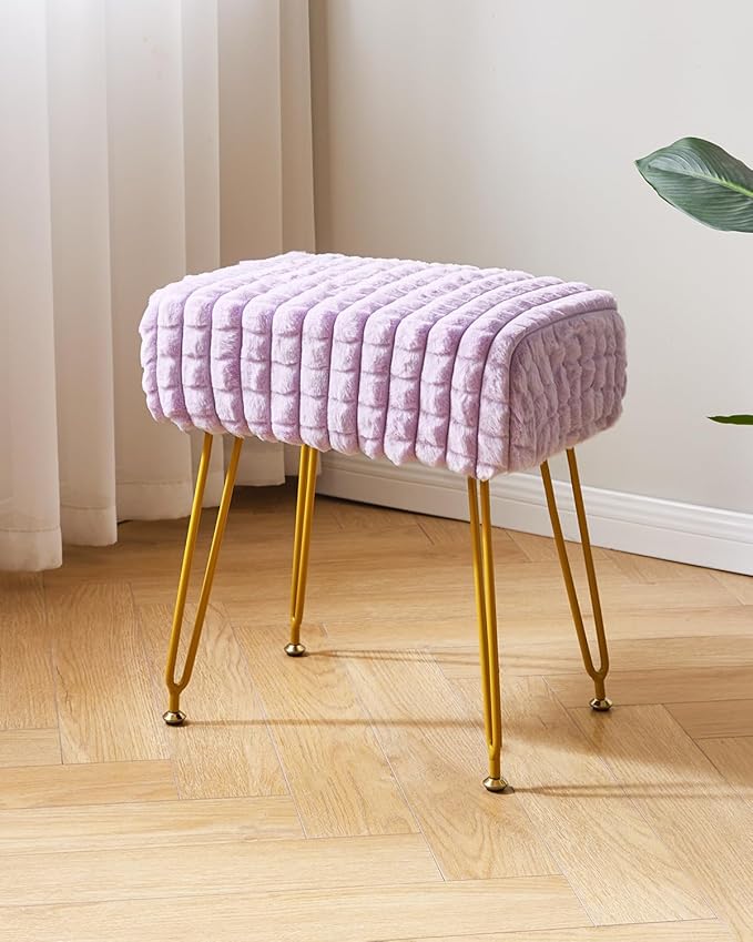 IBUYKE Rectangular Footrest Stool Ottoman, Makeup Vanity Stool Side Table, Velvet Dressing Table Seat, Footstool Chair, Golden Steel Legs, for Makeup Room, Bedroom, Square grid pattern, Purple WBD003V