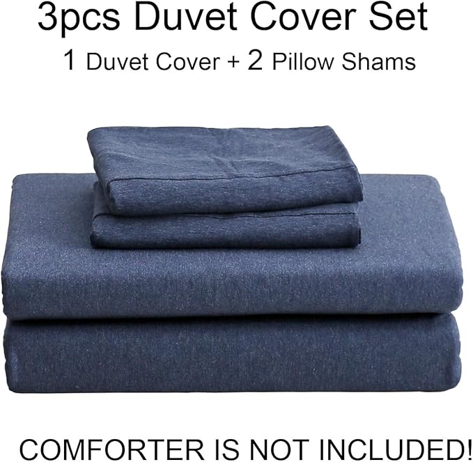 PURE ERA Jersey Knit Duvet Cover Set 100% T-Shirt Cotton Super Soft Comfy 3pc Bedding Set with Zipper Closure (Heather Navy Blue,Full)