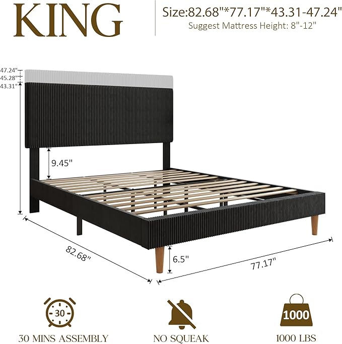 King Size Bed Frame, Upholstered Platform Bed with Adjustable Headboard, Vertical Fluted Tufted, Soft Corduroy Fabric, Wooden Slats Support, No Box Spring Needed, Easy Assembly, Black