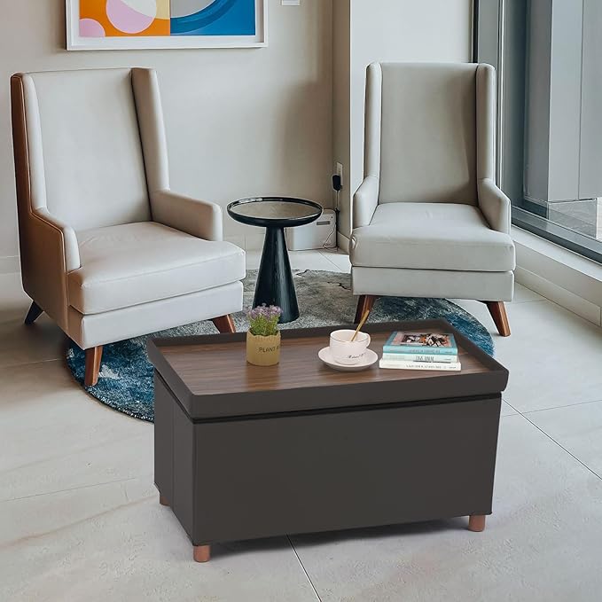 Dorriss Ottoman Storage Bench for Living Room with Tray, Bedroom Foot Stool, Coffee Table Lid, End of Bed Faxu Leather 30" Inch (L-Grey)