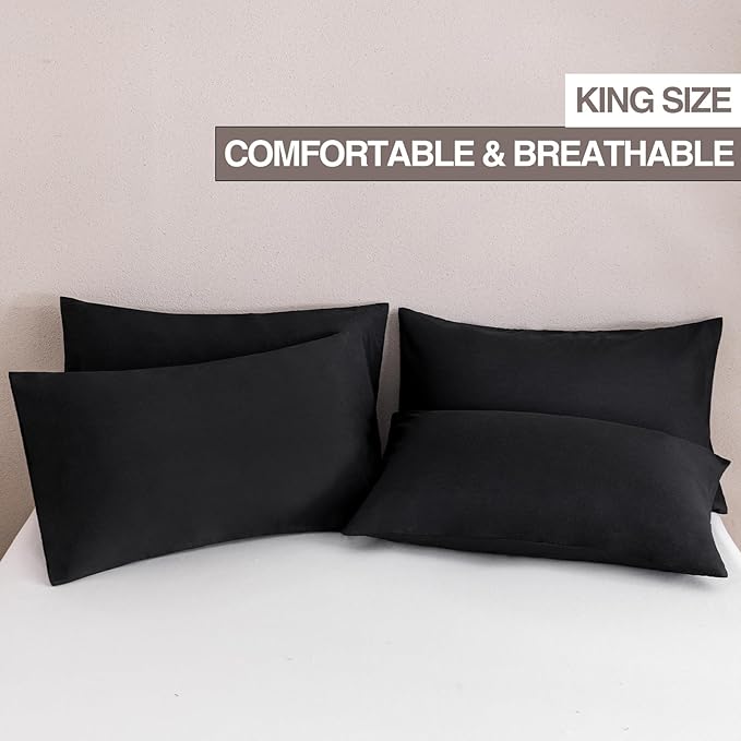 MINIPANDA Black King Size Pillow Cases Set of 4 - Super Soft, Smooth and Breathable Pillow Cases King - Envelope Design - Machine Washable Lightweight (20X40 Inches (4 Piece))