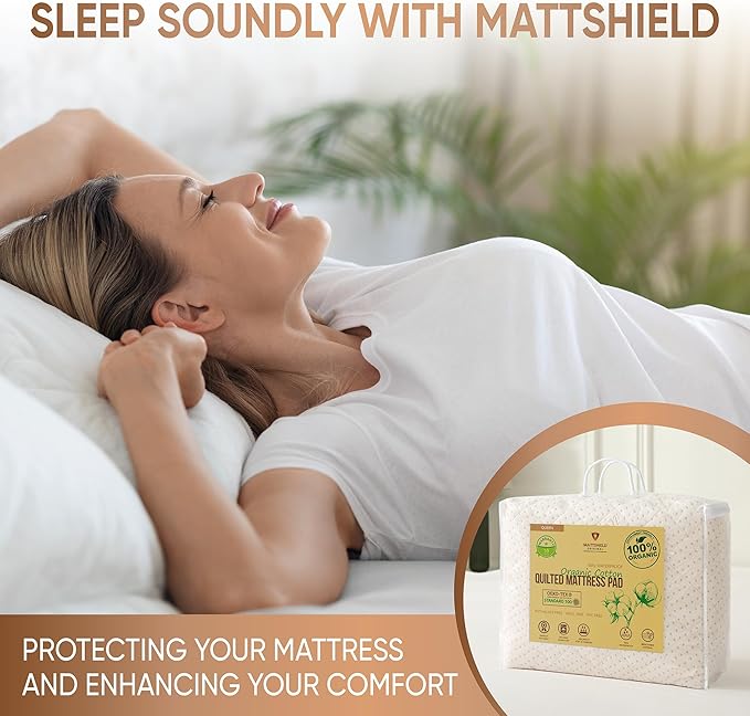 Luxury Quilted Organic Cotton Mattress Protector Full Size - 380 GSM Waterproof & Breathable Pad - Deep Pocket Fitted Cover - Soft & Silent Protection (Cotton Filling)