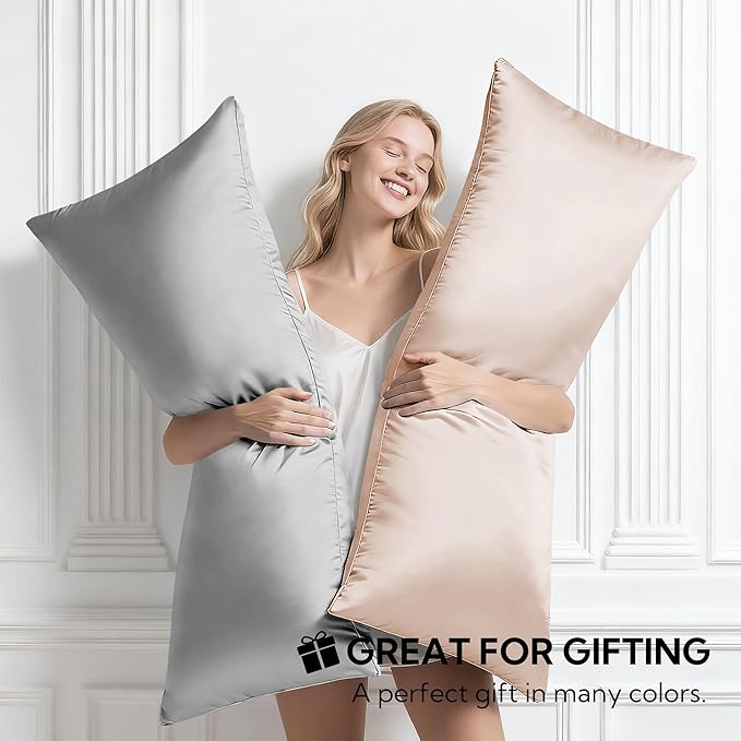 MR&HM Satin Body Pillow Cover, Soft and Breathable Body Pillow Case with Envelope Closure, Cooling and Silky Long Pillowcase for Hair and Skin,Grey (20x54, Beige)