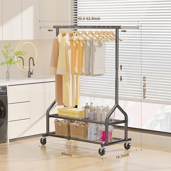 EAGMAK Heavy Duty Clothes Rack Load 556 LBS, Rolling Clothing Rack With Shelves, Height Adjustable Metal Clothes Hanger with Wheels Portable Wardrobe Organizer Garment Rod for Hanging Clothes (Black)