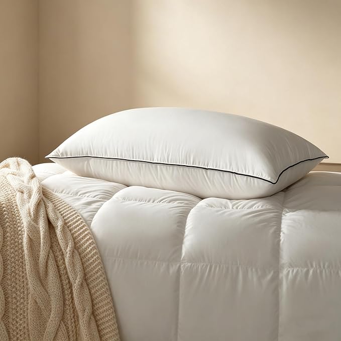 Bed Pillow, Luxury Hotel Feather and Down Pillow for Sleeping with Premium Cotton Shell, Gusseted Pillows for Side and Back Sleepers, Soft and Supportive, Downproof