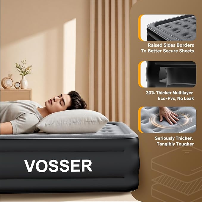 VOSSER Air Mattress Twin with Built in Pump,18” Raised Blow Up Mattress,Inflatable Mattress in 2 Mins,Single Twin Size Air Mattress for Home,Floor&Camping, Air Bed for Adults,330LB Max,Black