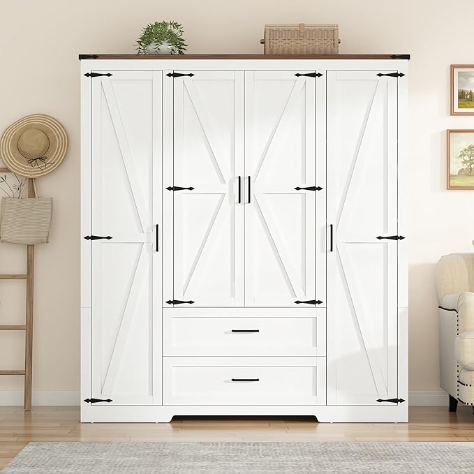 St.Mandyu Farmhouse Wardrobe Armoire Closet with 4 Doors and 2 Drawers, 70.1" Wooden Clothing Storage Cabinet, Freestanding Large Capacity Storage Wardrobe Armoire with Hanging Rod for Bedroom, White